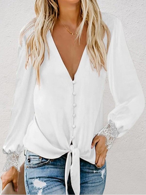 Women's Blouse Plain Long Sleeve Patchwork V Neck Tops Regular Fit White Black Pink #8828090