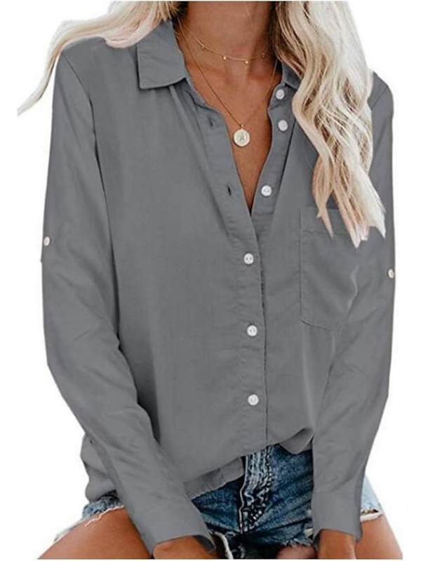 women's cuffed long sleeve shirt lightweight button up work blouses (s, navy blue) #8383473