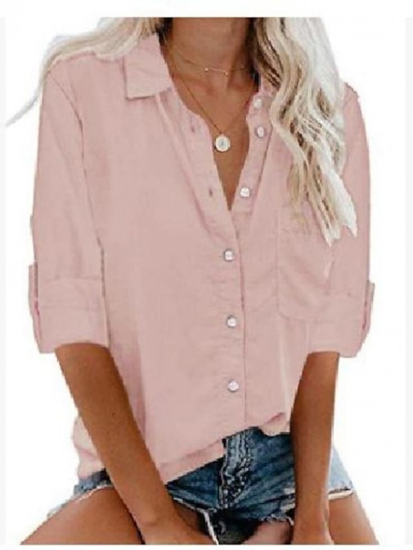 women's cuffed long sleeve shirt lightweight button up work blouses (s, navy blue) #8383473