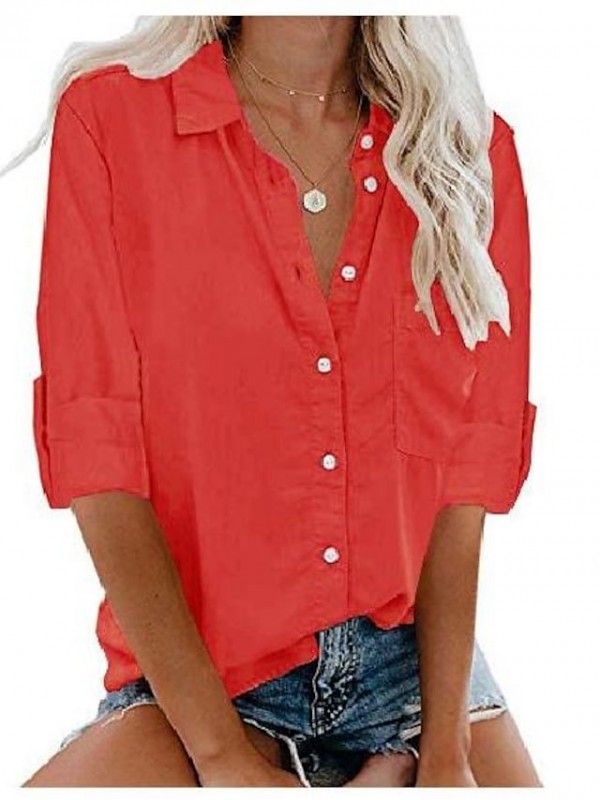 women's cuffed long sleeve shirt lightweight button up work blouses (s, navy blue) #8383473