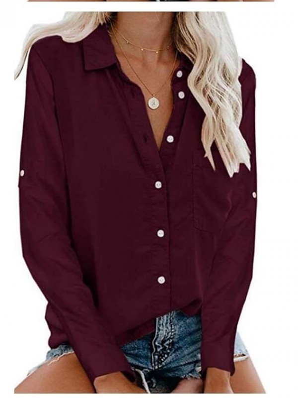 women's cuffed long sleeve shirt lightweight button up work blouses (s, navy blue) #8383473