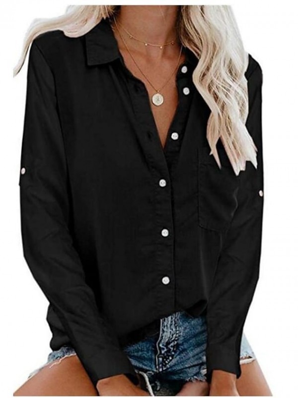 women's cuffed long sleeve shirt lightweight button up work blouses (s, navy blue) #8383473