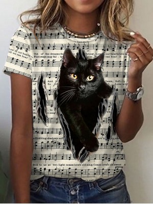 Women's 3D Cat Painting T shirt Cat 3D Animal Print Round Neck Basic Vintage Tops Regular Fit Yellow / 3D Print #8759074