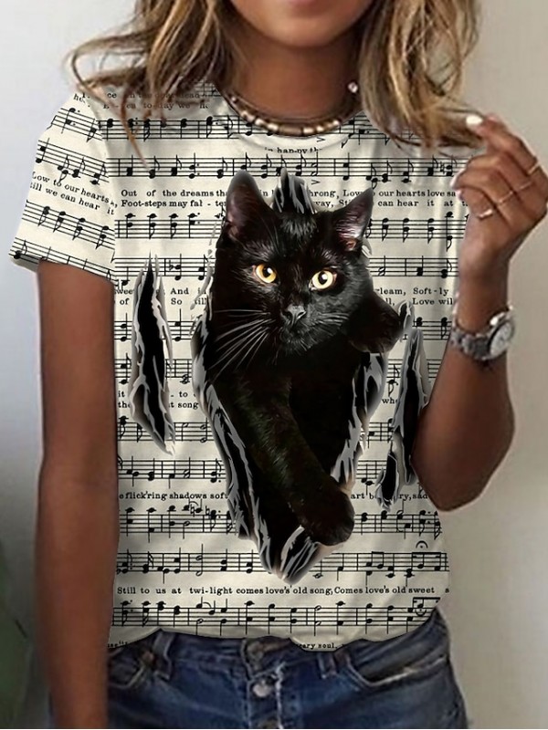 Women's 3D Cat Painting T shirt Cat 3D Animal Print Round Neck Basic Vintage Tops Regular Fit Yellow / 3D Print #8759074