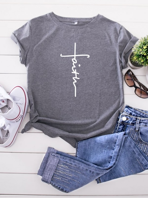 Women's Faith T shirt Graphic Text Letter Print Round Neck Basic Tops 100% Cotton Black Yellow Blushing Pink #8076885
