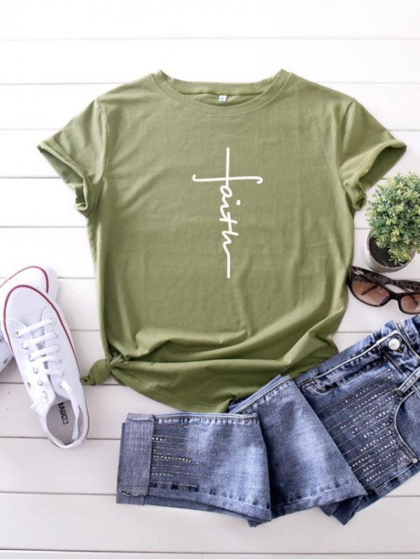 Women's Faith T shirt Graphic Text Letter Print Round Neck Basic Tops 100% Cotton Black Yellow Blushing Pink #8076885