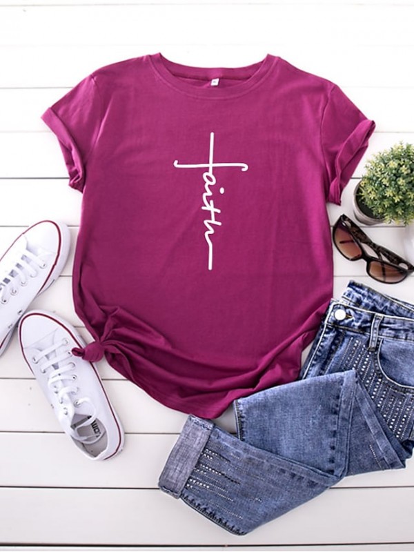 Women's Faith T shirt Graphic Text Letter Print Round Neck Basic Tops 100% Cotton Black Yellow Blushing Pink #8076885