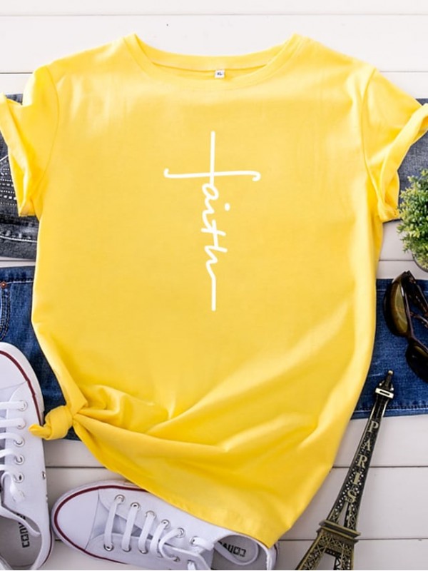 Women's Faith T shirt Graphic Text Letter Print Round Neck Basic Tops 100% Cotton Black Yellow Blushing Pink #8076885