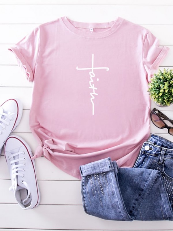 Women's Faith T shirt Graphic Text Letter Print Round Neck Basic Tops 100% Cotton Black Yellow Blushing Pink #8076885