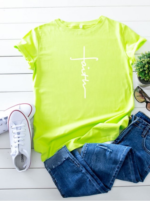 Women's Faith T shirt Graphic Text Letter Print Round Neck Basic Tops 100% Cotton Black Yellow Blushing Pink #8076885