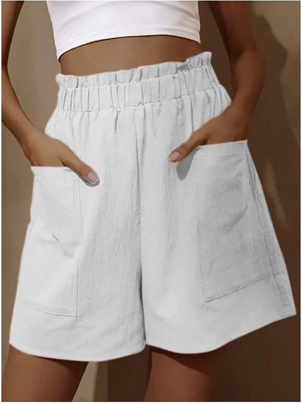 Women's Basic Streetwear Bermuda shorts Pocket Elastic Waist Short Pants Daily Weekend Inelastic Plain Linen Breathable Soft Mid Waist Loose Blue White Black Red Beige S M L XL XXL #8697359