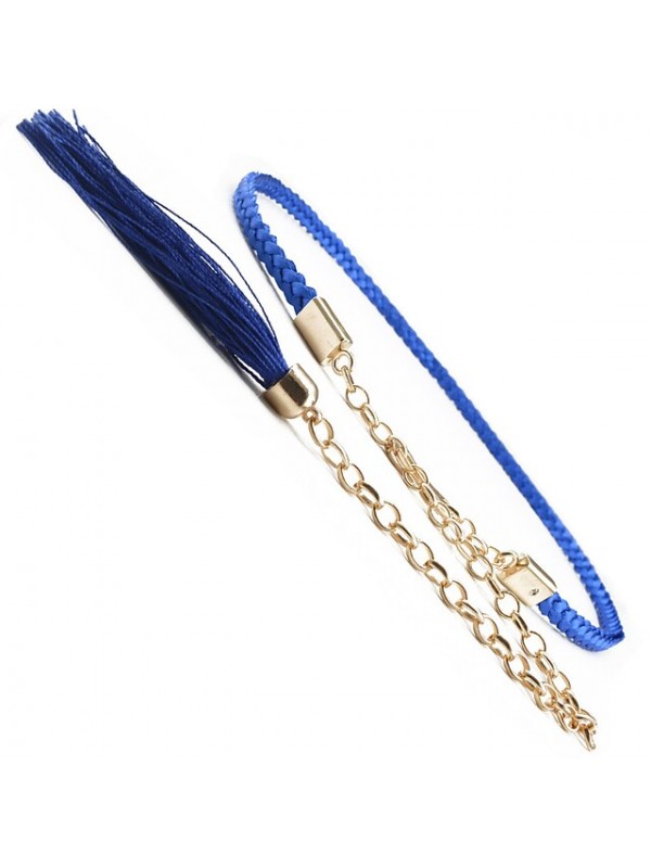 moyoto women's stylish braided waist chain belt thin leather belts for dress with tassels (black) #8545497