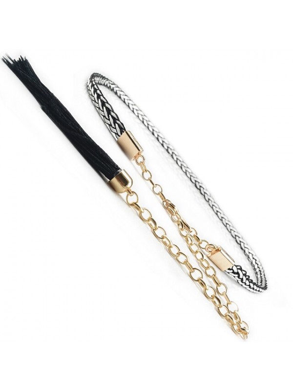 moyoto women's stylish braided waist chain belt thin leather belts for dress with tassels (black) #8545497