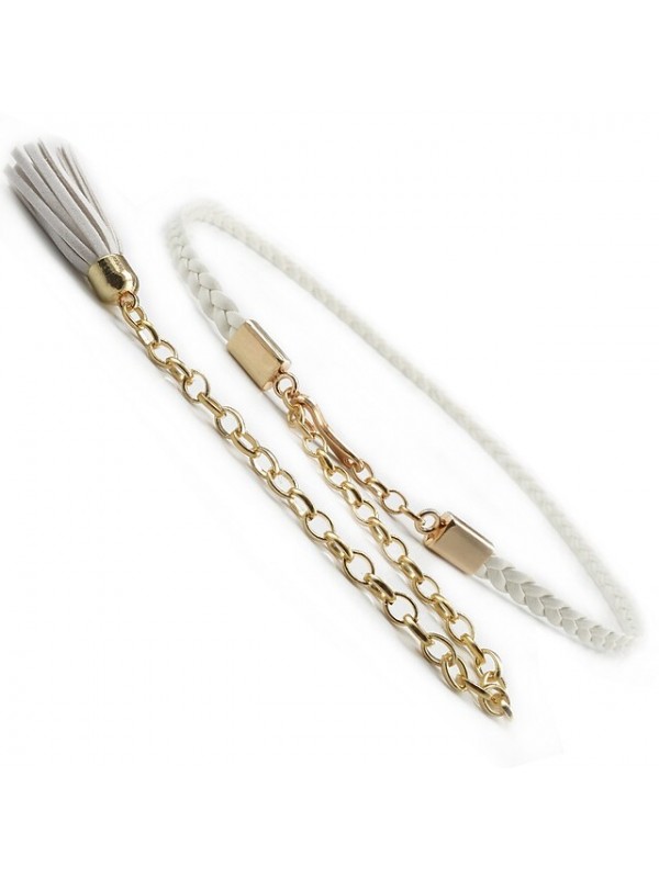 moyoto women's stylish braided waist chain belt thin leather belts for dress with tassels (black) #8545497