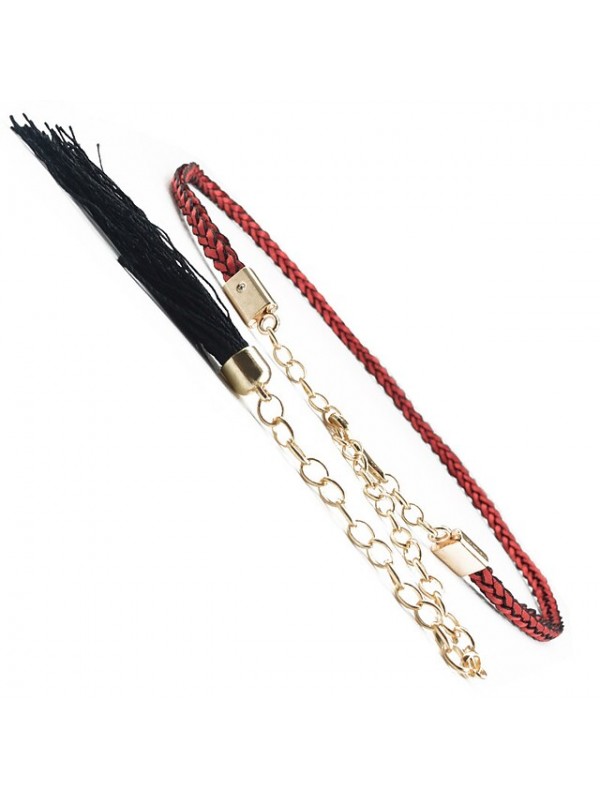 moyoto women's stylish braided waist chain belt thin leather belts for dress with tassels (black) #8545497