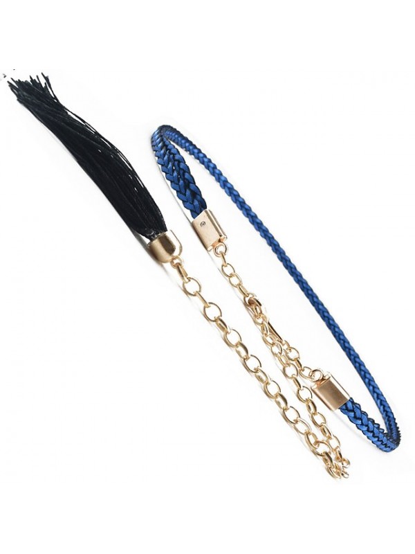 moyoto women's stylish braided waist chain belt thin leather belts for dress with tassels (black) #8545497