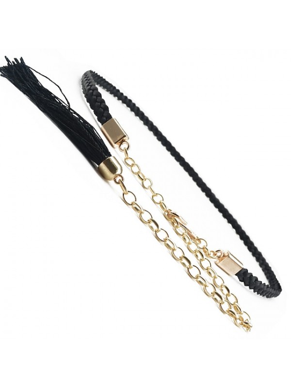 moyoto women's stylish braided waist chain belt thin leather belts for dress with tassels (black) #8545497